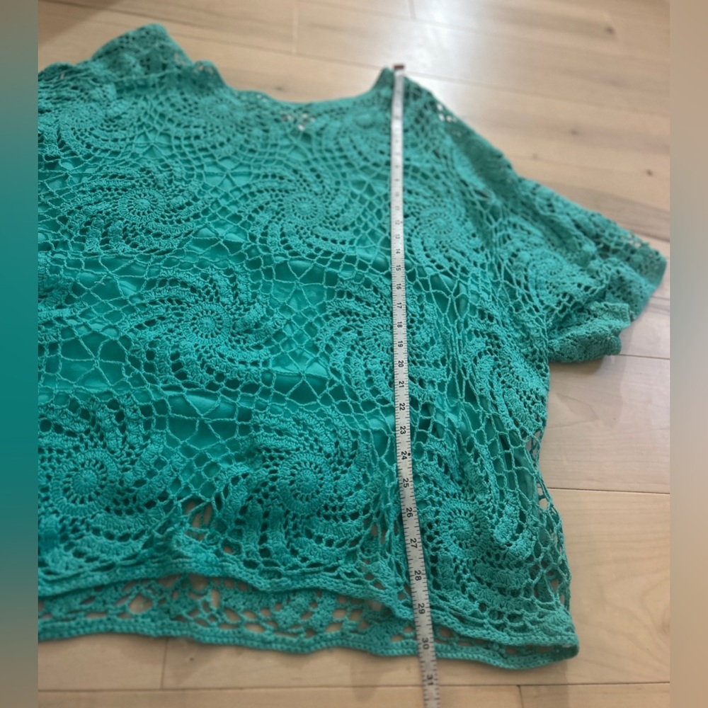 Roaman's 3X Relaxed Pullover Crochet Top And Tank Minty Teal Medallion Cotton - Picture 3 of 10